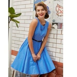 Elegant Blue Polka Dot Pinup Dress